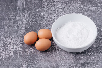 ingredient for homemade, wheat in bowl, eggs and flour, wheat powder and eggs