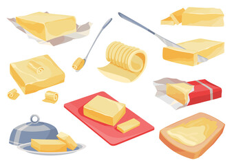 Butter, margarine or spread, natural dairy product in lot of variation. Set of yellow brick, slices and rolls. Fat, calorie natural food for breakfast, eating and as ingredient for cooking - obrazy, fototapety, plakaty