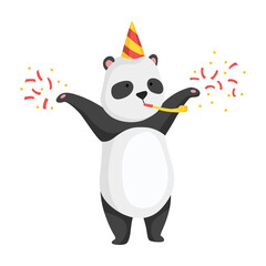 Panda bear standing and celebrates or pose for photo. Cute big panda character. Asian wildlife cartoon animal. Adorable jungle wild mammal