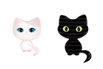 striped cat and white cat. Vector hand drawn illustration. Use for wall printing, pillows, children's interior decoration, children's clothing and shirts, greeting cards.
