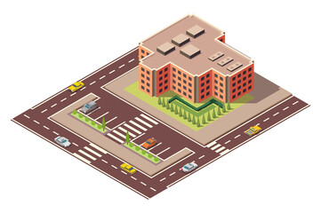 Offices isometric. Architecture building facade of business center. Infographic element. Architectural vector 3d illustration. City house composition with roads and parking