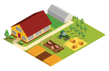 Isometric rural farm building and cottage. Agricultural machinery, garden and domestic animals. Vector icon representing countryside element