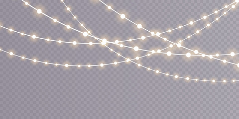 Christmas lights isolated on transparent background. Set of golden Christmas glowing garlands. Vector illustration