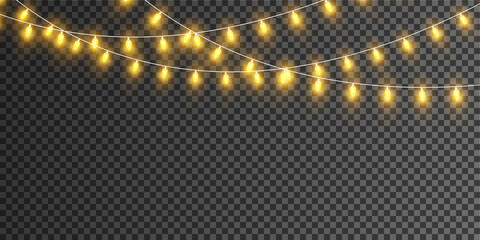 Christmas lights isolated on transparent background. Set of golden Christmas glowing garlands. Vector illustration