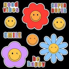 Set of trendy retro stickers with smile faces and inscriptions isolated on a black background. Funky, hipster retrowave stickers. Vector illustration of y2k.
