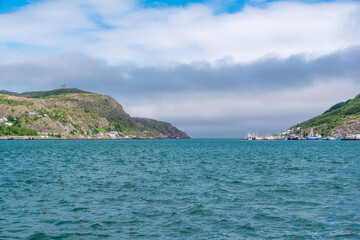 A view out to St. John's Harbour, Newfoundland, as seen from Harbourside Park in the downtown area of the city.