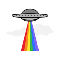 UFO is shining hard light in LGBT color spectrum. Vector illustration.