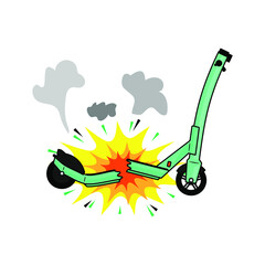E-scooter broken in half after battery explodes. Vector illustration.
