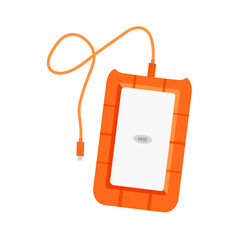 External hard disk drive in orange silicon case. 2.5'' portable HDD. Vector illustration.