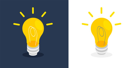 Light bulb icons with rays shine. Idea and creative thinking concept. Vector illustration isolated on white and dark background.