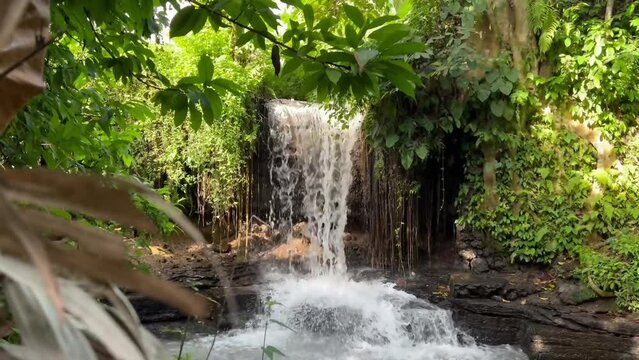 A small waterfall in tropical jungle in Bali island. Explore splendid nature's secret places.Natural background for design. River water falling down on black rocks in rainforest. Peaceful scene.