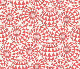 Checkered Triangles Patterned 3D Balls In Different Positions Psychedelic Art Seamless Abstract Vector Red White Motley Background. Freaky Acid Trip Repetitive Wallpaper. Bizarre Hypnotic Abstraction