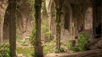 3D illustration of dark mysterious fantasy temple built into a mountain cave and overgrown with wild plants.