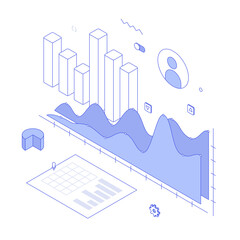 Money, chart, graph, diagram, presentation, spreadsheet, economy, finance, technology.Isometric vector illustration flat design isolated. Outline, linear style, line art, editable stroke.
