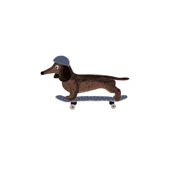 recommend clip art: Illustration with dachshund in helmet on skateboard. Cute brown dog on white background for kids design, textile, paper, books, nursing, greeting, banners.