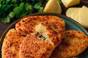 Chvishtari, corn flour tortillas with cheese, pastries, Georgian cuisine, Mchadi, homemade, top view, on a wooden table, no people,