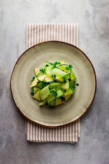 Spring, green salad, cucumber with apple, top view, close-up, no people, microselen radish, healthy eating, spring salad, georgian salad, gazaphuli,