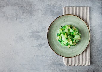 Spring, green salad, cucumber with apple, top view, close-up, no people, microselen radish, healthy...