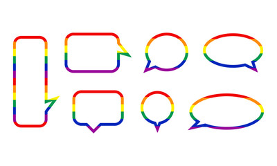 Set of rainbow speak bubble text, chatting box, message box outline cartoon vector illustration design. Balloon doodle style of Lgbtq+ symbol.