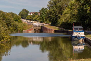 Devizes, Wiltshire, England, UK. 2022. A view from the bottom of the Caen Hill Locks on the Kennet...