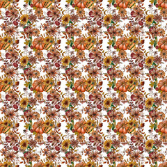 watercolor autumn seamless pattern with pumpkins, sunflowers, autumn leaves