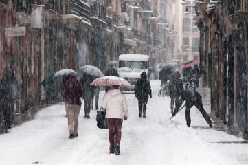 Snowfall in Pamplona. Main Street. Navarre