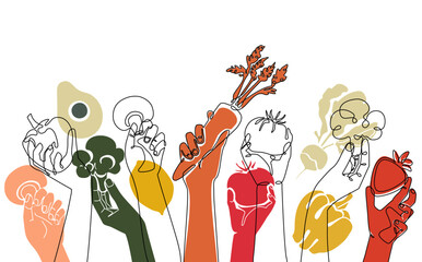Creative background with Hands holding different organic  food. Horizontal Cooking Pattern. Illustration on a Healthy eating theme.  Vector illustration.