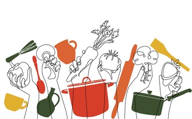 Cooking Background. Pattern with people hands holding vegetables, fruits and utensils. Vector illustration.