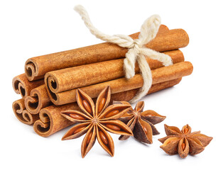 Delicious cinnamon sticks and star anise, isolated on white background