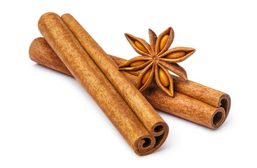 Delicious cinnamon sticks and star anise, isolated on white background