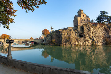 Metekhi church and monument of King Vakhtang Gorgasali, morning