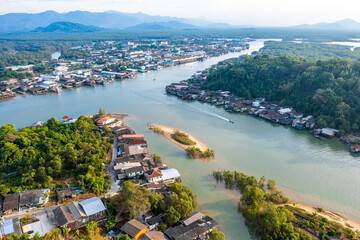 Aerial city view of Ranong and its estuary, Thailand