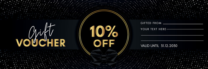 10 percent off gift voucher template design with gold circle frame and dotted line black background. Premium design for discount label, coupon sales, special offer, discount coupon, coupon code. - obrazy, fototapety, plakaty