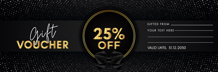 25 percent off gift voucher template design with gold circle frame and dotted line black background. Premium design for discount label, coupon sales, special offer, discount coupon, coupon code. - obrazy, fototapety, plakaty
