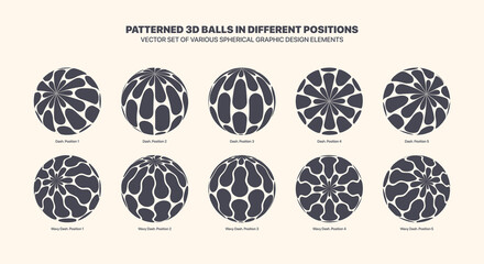 Assorted Various Vector Patterned 3D Balls In Different Positions With Dash Half Tone And Spotted Pattern Set Isolated On White. Black White Graphic Variety 3D Spherical Objects Design Elements Group