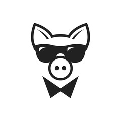 Business pig face in dark glasses and a bow tie. Cute kawaii avatar, mascot icon. Flat vector illustration isolated on white background.