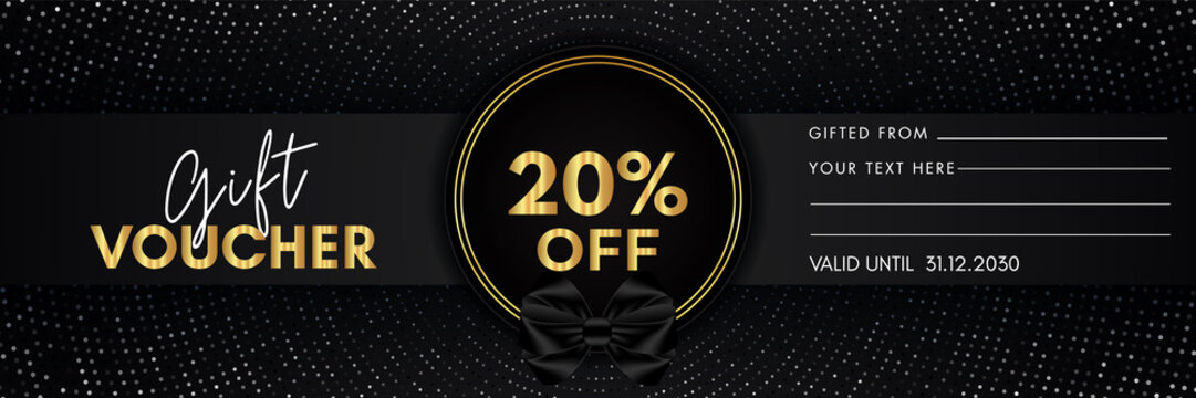20 percent off gift voucher template design with gold circle frame and dotted line black background. Premium design for discount label, coupon sales, special offer, discount coupon, coupon code.