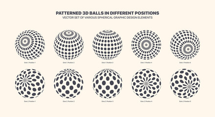 Assorted Various Vector Patterned 3D Balls In Different Positions With Dotted Half Tone And Spotted Pattern Set Isolated On White Back. Black White Graphic Variety 3D Spherical Design Elements Group