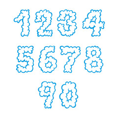 Blue cloud numbers isolated on white background. Set of vector numbers from 0 to 9 made from smoke or foam or clouds.