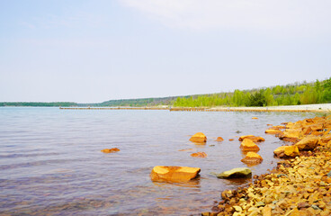 View of the Störmthaler See near Leipzig. Landscape with a lake and the surrounding nature in Saxony.
