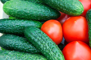 lots of cucumbers and tomatoes. Fresh vegetables on the table. Healthy food concept. Gherkins and red tomatoes.