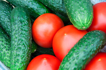 lots of cucumbers and tomatoes. Fresh vegetables on the table. Healthy food concept. Gherkins and red tomatoes.