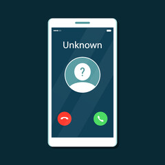Mobile phone interface with incoming call from unknown caller and accept or reject call buttons. Isolated vector illustration in flat cartoon style.