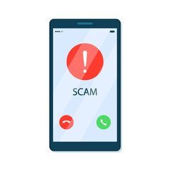 Mobile phone screen with incoming call from scammers. Scam alert notification. Cybercrime concept. Vector illustration in flat cartoon style. - obrazy, fototapety, plakaty