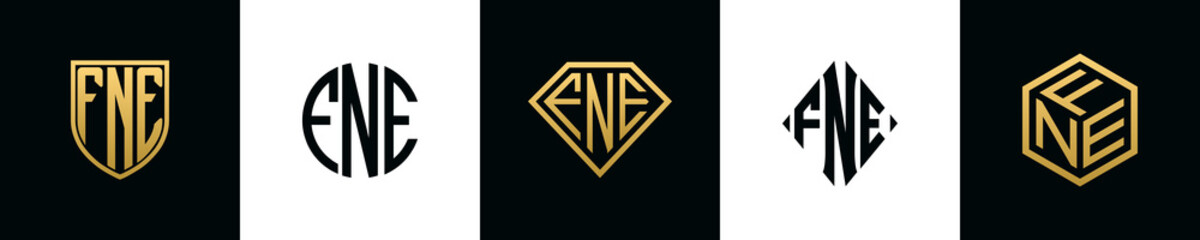 Initial letters FNE logo designs Bundle. This collection incorporated with shield, round, diamond, rectangle and hexagon style logo. Vector template