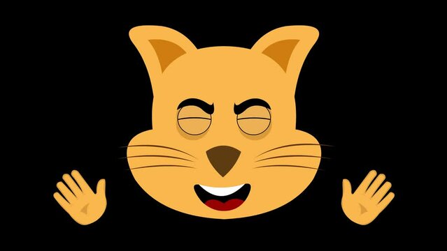 Animation loop of the face of a cartoon cat, with a happy expression and waving with his hands. On a transparent background