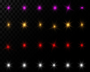 Set of multi-colored stars, vector flares with light on a transparent background. Abstract laser stars. Vector illustration