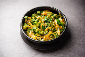 Bhindi do pyaza is a restaurant style North Indian dish made with okra or ladies finger or ochro, spices, herbs & lots of onions