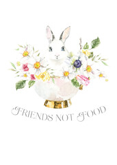 Friends not food Vegan Watercolor poster illustration. Cute spring bunny ethical living print. Not tested on animals. No animal testing.Go vegan. Organic. Animal sticker, flyer,logo, stamp,icon diy
