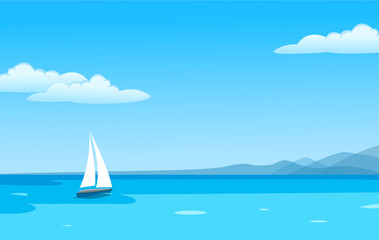 Naklejka premium Vector landscape blue sea, yacht sky background
